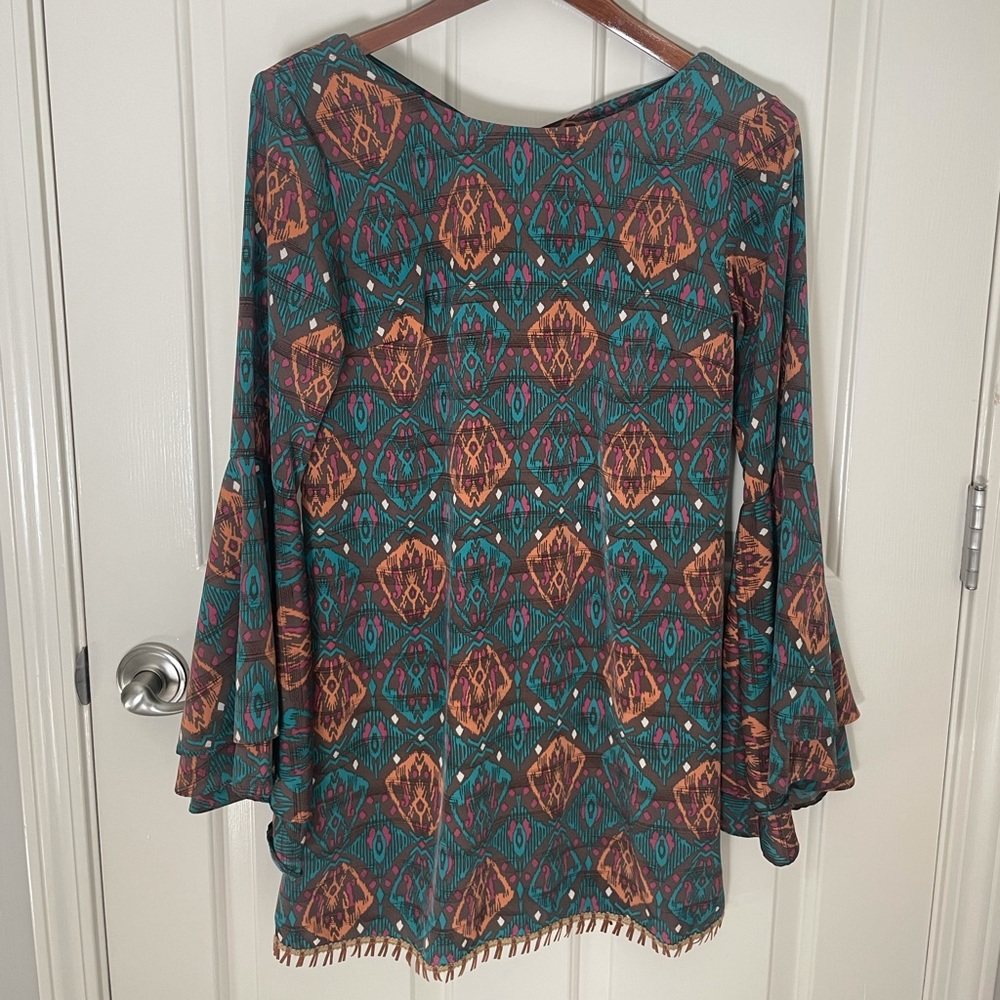 Teal Geometric print dress with fringe on bottom